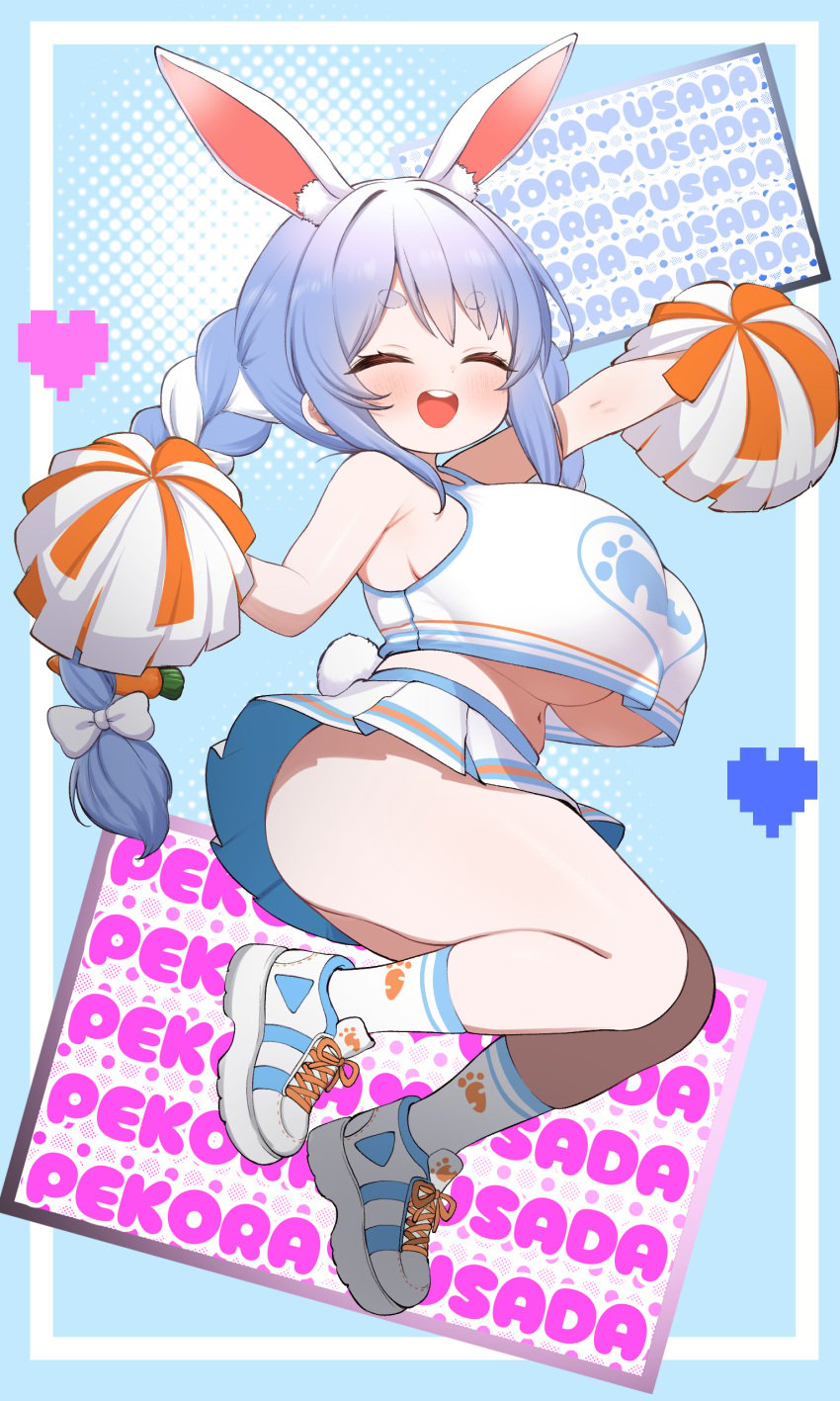 alternate_breast_size artist_request cheerleader cheerleader_uniform closed_eyes hololive hololive_fantasy hololive_japan huge_breasts plump pom_poms shortstack skindentation tagme usada_pekora