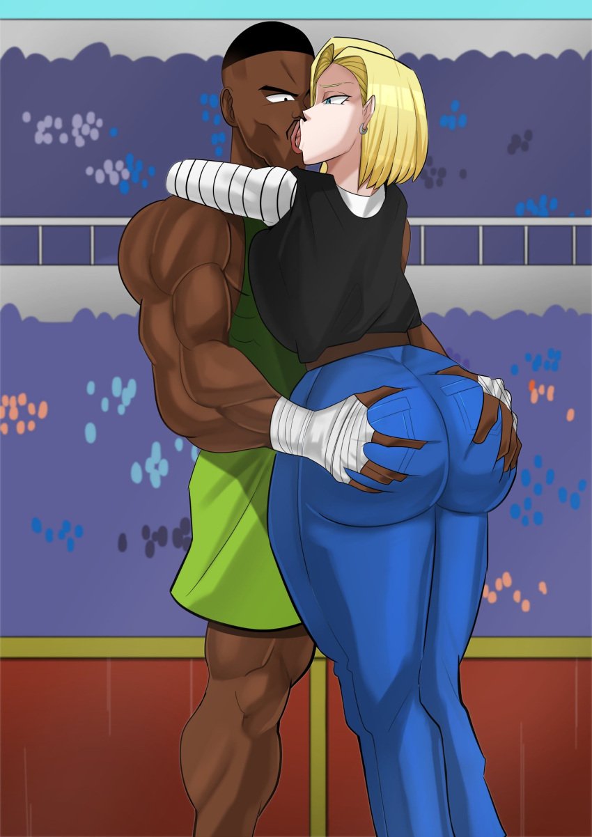 android_18 bastard blonde_hair blue_eyes cheating cheating_wife dark-skinned_male dragon_ball dragon_ball_super dragon_ball_z groping interracial killa kissing light-skinned_female netorare ugly_bastard ugly_man venomarts00