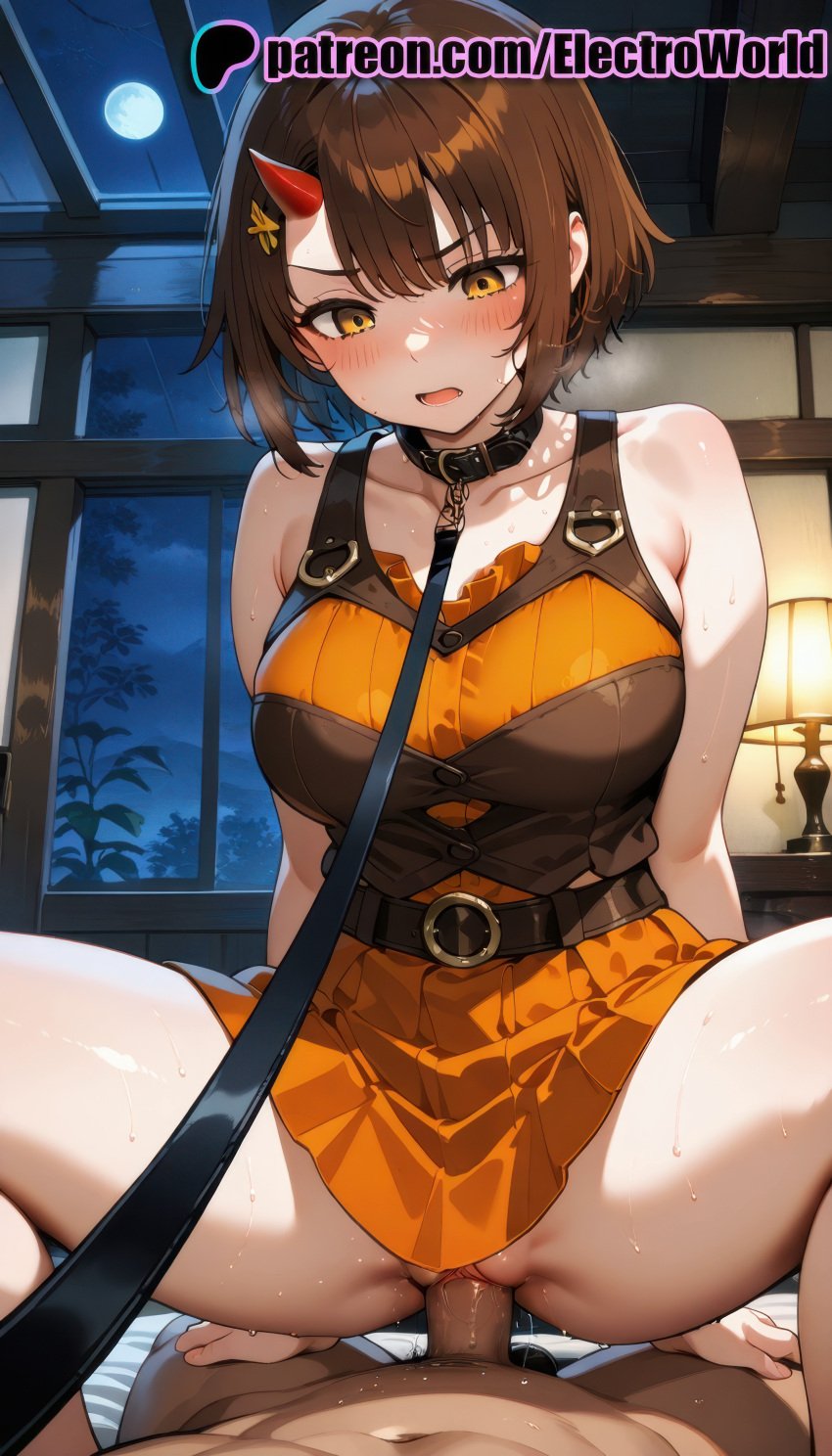 1boy 1girls 2025 ai ai_assisted ai_generated anime anime_girl anime_style artist_name bare_shoulders belt big_breasts big_chest big_penis blush breast breasts brown_hair buckle bust busty chest cock collar cowgirl_pose cowgirl_position dick electroworld endorsi_jahad female fucking full_moon halloween happy_halloween hi_res high_quality high_resolution highres horns indoors intercourse jack-o'-lantern large_breasts legs_apart legs_spread love_making moon mosaic_censoring night night_sky open_legs open_mouth orange_dress orange_shirt orange_skirt patreon patreon_username penetration penis plant pov pumpkin riding sex sexual_intercourse short_hair skirt solo_focus splayed_legs spread_legs stable_diffusion star_(sky) starry_sky straddling straight sweat tower_of_god tree vaginal_penetration watermark window woman_on_top