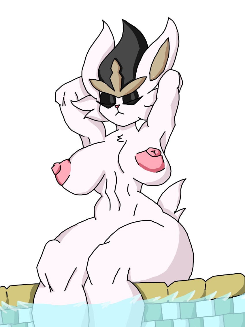 2025 absurd_res anthro anthro_only areola big_areola big_breasts big_nipples biped breasts brolu3 cinderace closed_eyes female fur generation_8_pokemon hi_res huge_areola huge_breasts huge_nipples nintendo nipple_dip nipples nude outside pokemon pokemon_(species) puffy_areola sitting solo thick_thighs white_body white_fur wide_hips