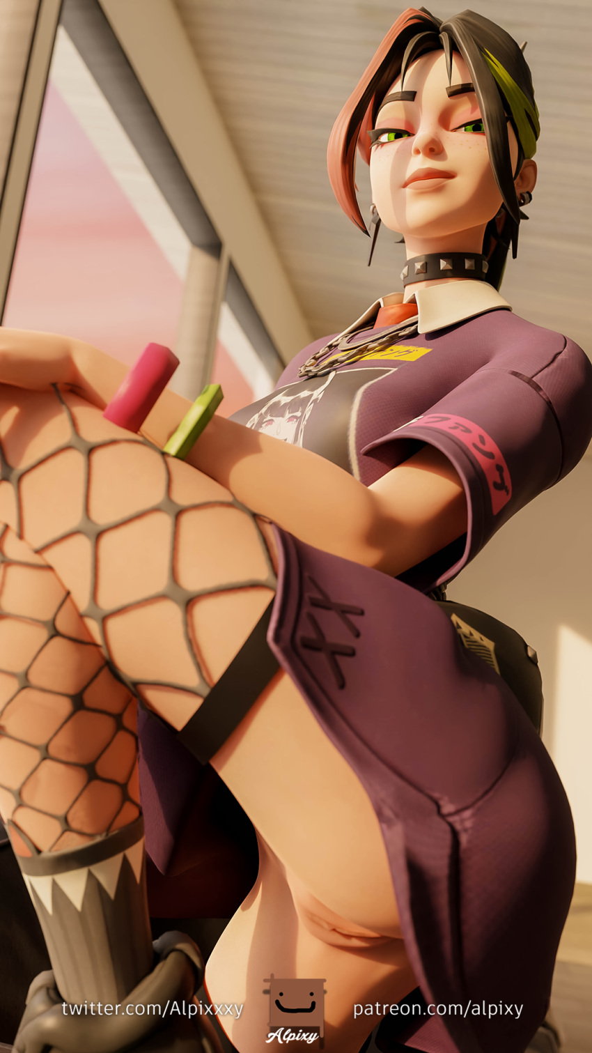 1girls 3d alpixy choker clothed clothed_female earrings epic_games female female female_only fishnets fortnite fortnite:_battle_royale freckles freckles_on_face green_eyes hair_accessory helsie_(fortnite) leg_up light-skinned_female light_skin looking_at_viewer multicolored_hair no_panties ponytail presenting_pussy pussy shoes solo solo_female tagme vagina