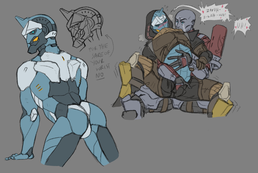 ! 5_fingers android arm_grab ass awoken blue_eyes blue_skin blush bungie cayde-6 clothed clothing destiny_(game) duo empty_eyes english_text exo fondling front_view grey_background guardian_(destiny) hand_in_pants heart hood humanoid humanoid_hands humanoid_on_humanoid hunter_(destiny) leaning leaning_forward looking_back machine male male_only moan nude pants presenting presenting_hindquarters purple_skin rear_view robot simple_background speech_bubble text titan_(destiny) yaoi zapperthecat zavala