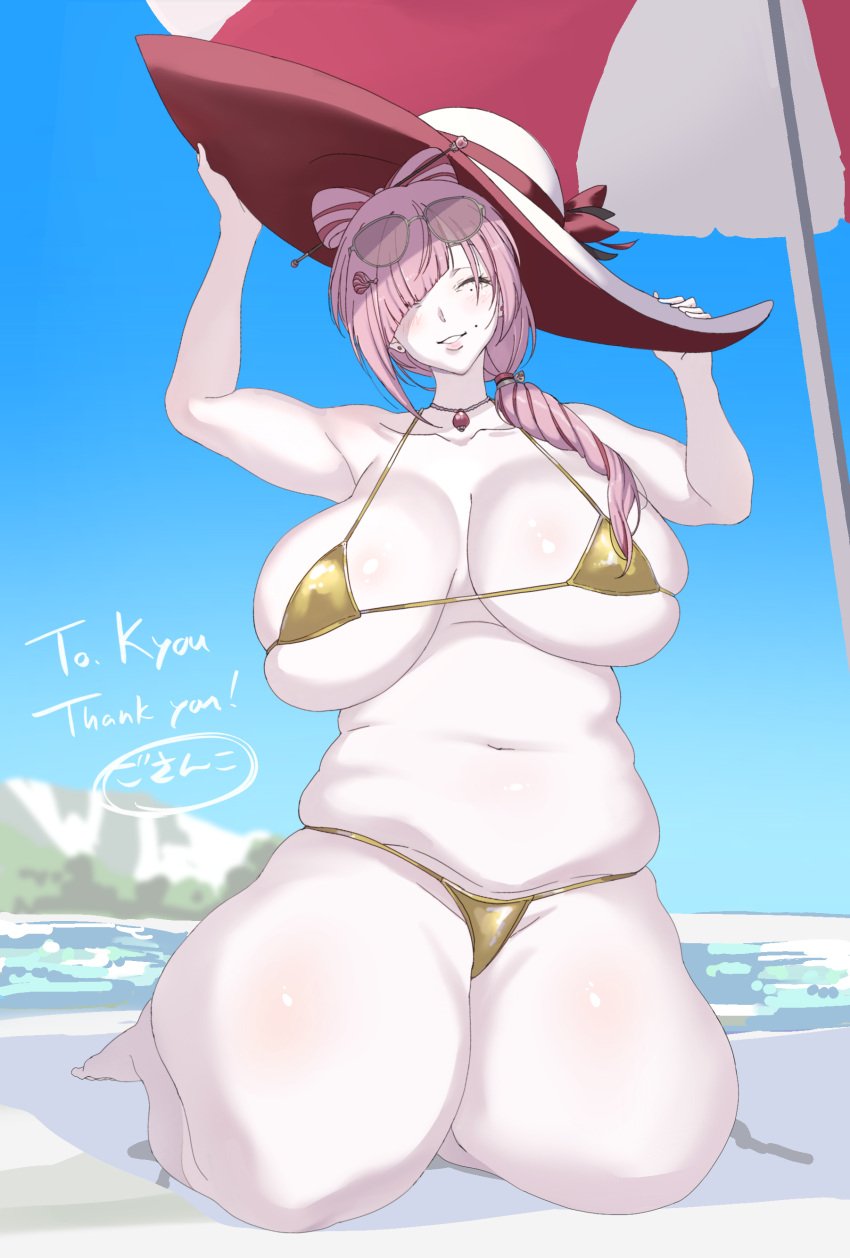 bbw chubby chubby_female eyewear_on_head fat golden_bikini huge_breasts huge_thighs indie_virtual_youtuber kurameki_kyou kuramekira mature mature_female mole muffin_top pale-skinned_female pale_skin plump ponytail saggy_breasts sunglasses sunhat thick_legs thick_thighs thighs vtuber