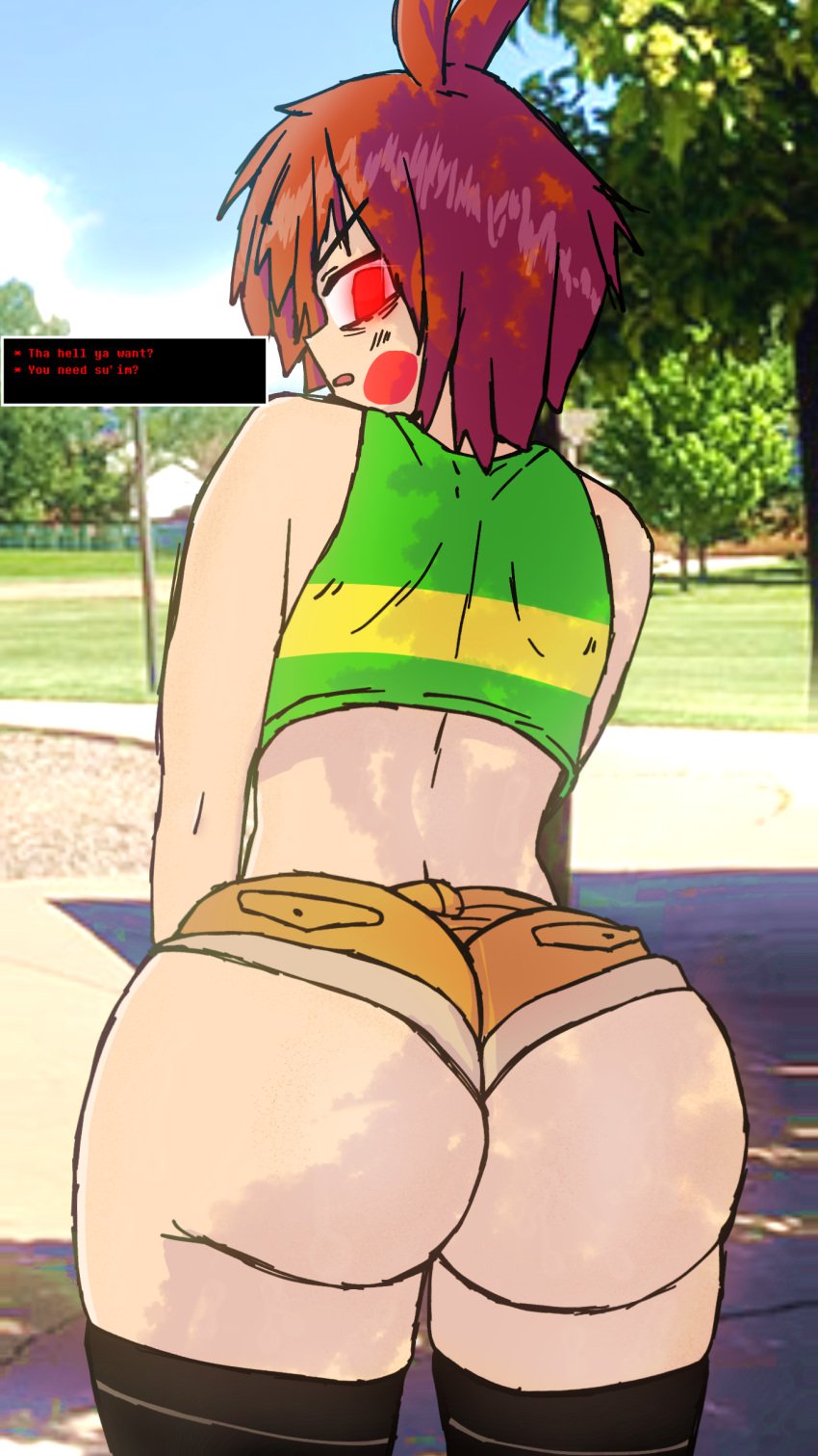 ambiguous_gender annoyed ass_focus ass_view brat chara crop_top denim_shorts english english_text femboy femboy_only looking_at_viewer looking_back male_only parkretura tagme thebushmenace thighhighs tight_clothing undertale undertale_au vharaskwi