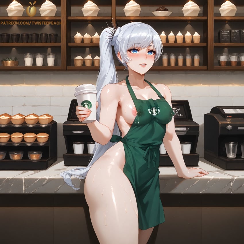 ai_generated coffee lactating lactation lactation looking_at_viewer naked_apron rwby tagme twistedpeach weiss_schnee