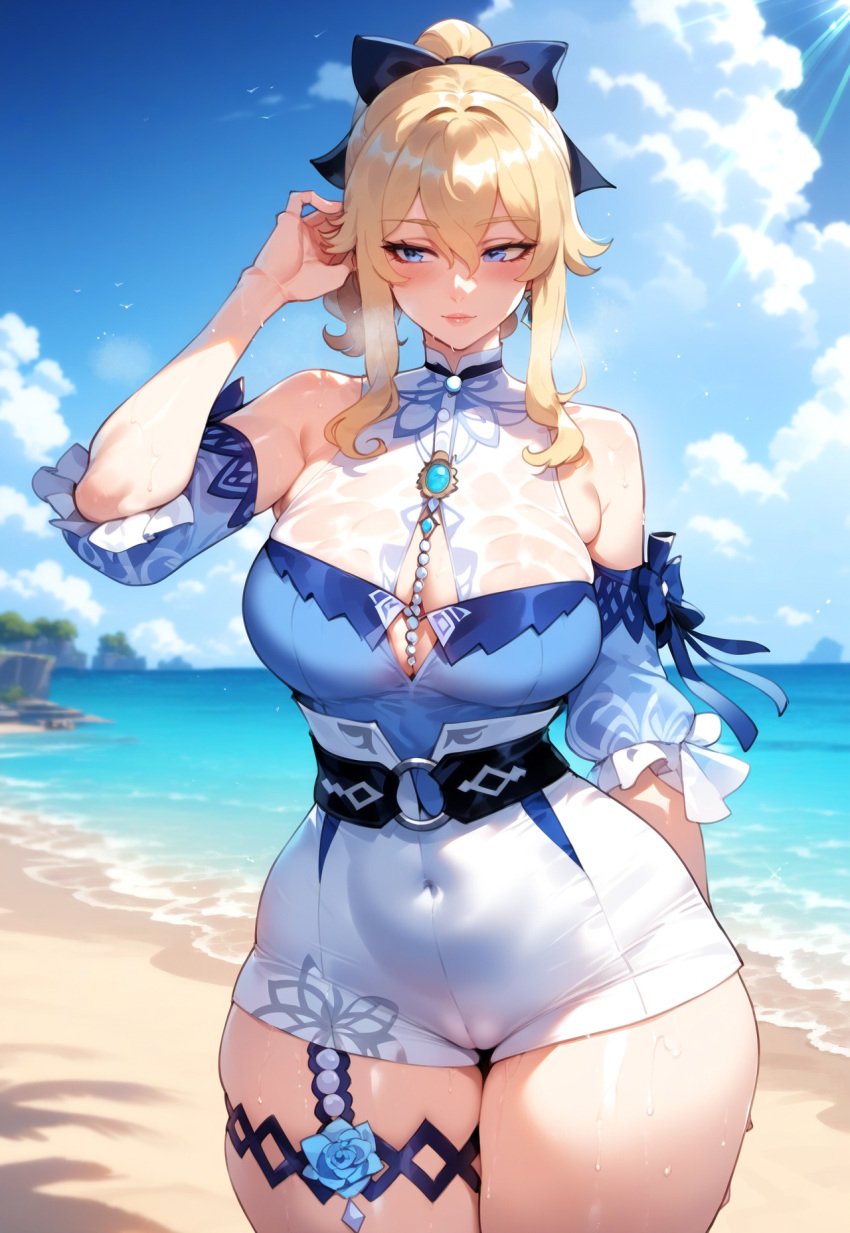 1boy 1girls ai_generated areolae bangs bare_shoulders beach belt blonde_hair blue_eyes blue_flower blue_rose blue_shirt blue_sky blush bow breast_grab breasts cameltoe chains cleavage cleavage_cutout clothing clothing_cutout cloud curvaceous curvaceous_female curvaceous_figure curvy curvy_figure day detached_sleeves dress female female female_focus flower genshin_impact grabbing groping hair_flower hair_ornament head_out_of_frame heart high-waist_shorts huge_breasts inviting inviting_to_sex jean_(genshin_impact) jean_gunnhildr jean_gunnhildr_(sea_breeze_dandelion) jewelry lactation large_breasts long_hair looking_at_viewer lumine_(genshin_impact) male miyuai navel nipples ocean outdoors ponytail pov presenting presenting_breasts rose sand seductive seductive_look seductive_smile see-through shirt shore shorts sidelocks sky sleeveless smile solo_focus standing straight sweat swimsuit thick_thighs thighs voluptuous voluptuous_female water wet white_dress white_shorts