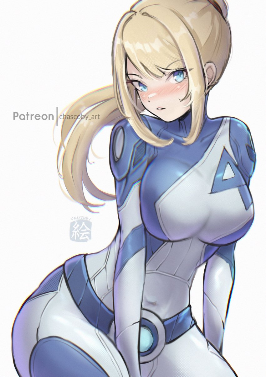 big_breasts blonde_hair blue_eyes blush bodysuit breasts chascoby fantastic_four invisible_woman_(cosplay) looking_at_viewer marvel marvel_rivals metroid ponytail samus_aran sitting skin_tight thin_arms tight_bodysuit tight_clothing