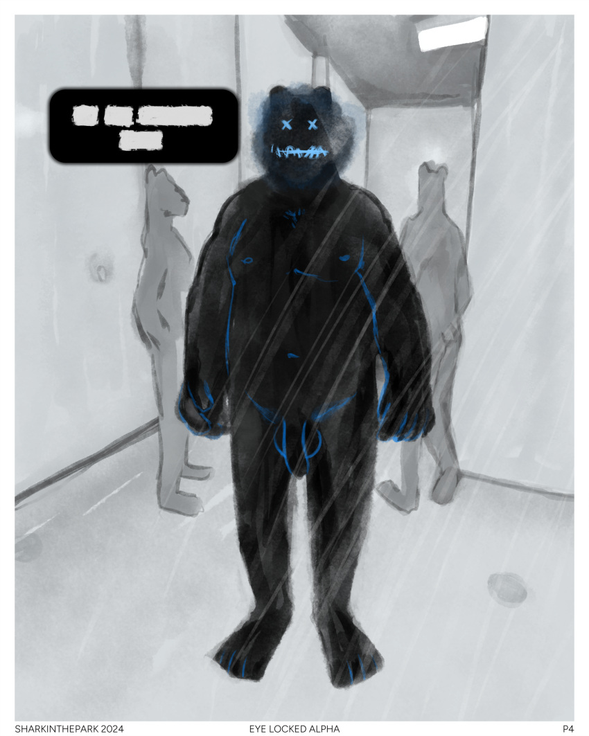 2024 absurd_res balls bear belly blue_eyes censored_text comic drain genitals hi_res male mammal nipples penis sewn_mouth sharkinthepark shower shower_room simple_background speech_bubble walking_away x_eyes