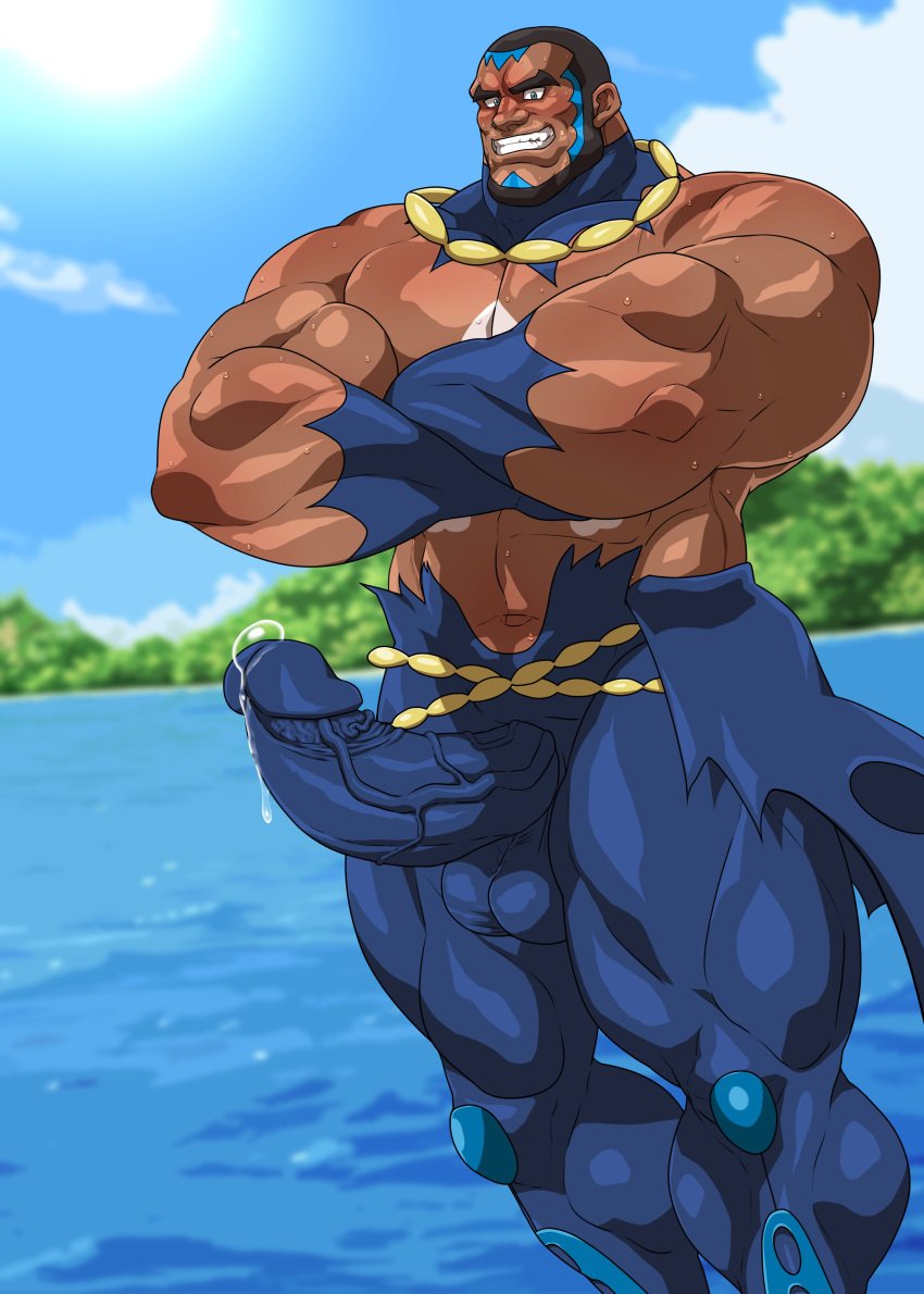 balls bara beard big_penis boner crossed_arms erection erection_under_clothes facial_hair hitenmaru male male_only matt_(pokemon) muscles muscular nintendo penis pokemon solo solo_male sweat sweating team_aqua