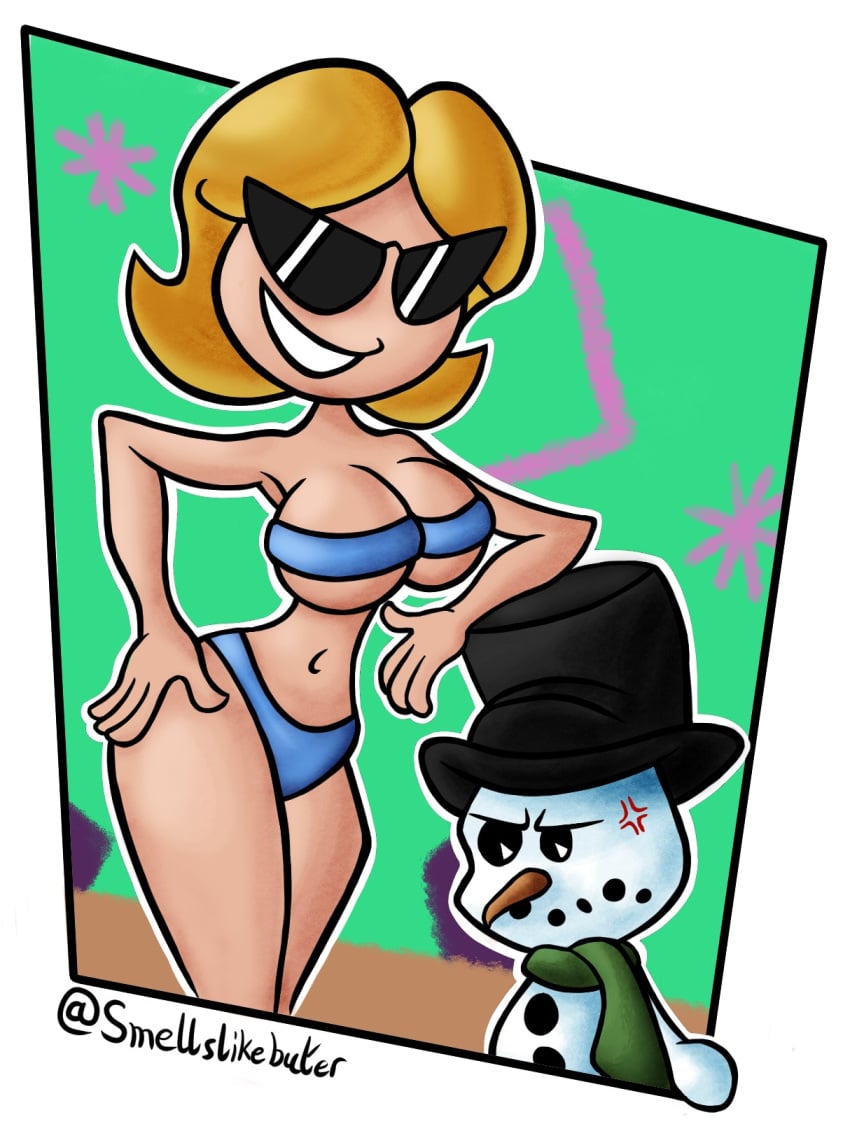 1boy1girl 2d bikini blonde_hair hand_on_hip huge_breasts knick_knack leaning_on_person looking_at_viewer pixar scarf size_difference smellslikebuter snowman snowman_(species) sunglasses sunny_miami tagme tophat