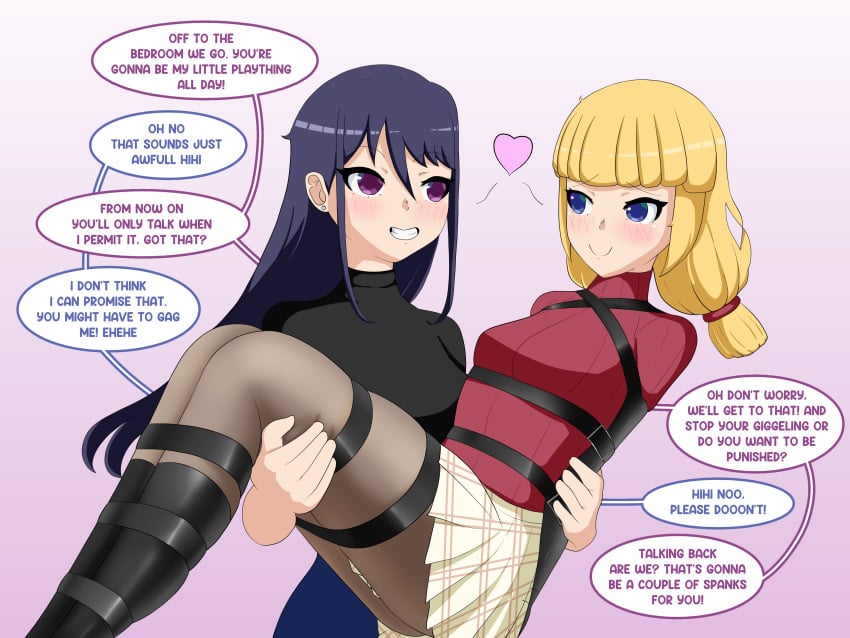 armbinder blonde_hair bondage bound cant1ndausername carrying_another carrying_partner dialogue english_text female female_only femdom femsub fully_clothed happy heart_symbol lezdom pantyhose skirt speech_bubble text yuri