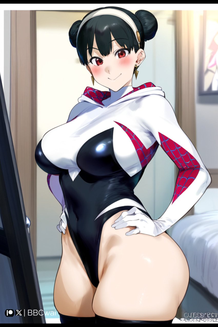 ai_generated bbcwai front_view hand_on_hip hi_res hourglass_figure mirror no_pants pose posing smile solo solo_focus spider-gwen spider-gwen_(cosplay) spy_x_family twin_buns wide_hips yor_briar yor_forger