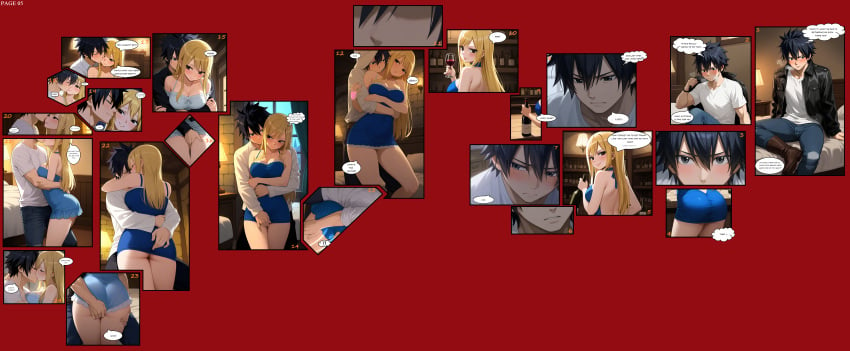 1boy 1girl ai_generated background black_hair black_leather_jacket blonde_hair blue_dress blush boots comic couple english fairy_tail female gray_fullbuster groping_butt hand_on_butt hand_on_crotch hand_on_leg hand_on_thigh hugging jeans kissing lucy_heartfilia mini_dress sexy_body text work_in_progress