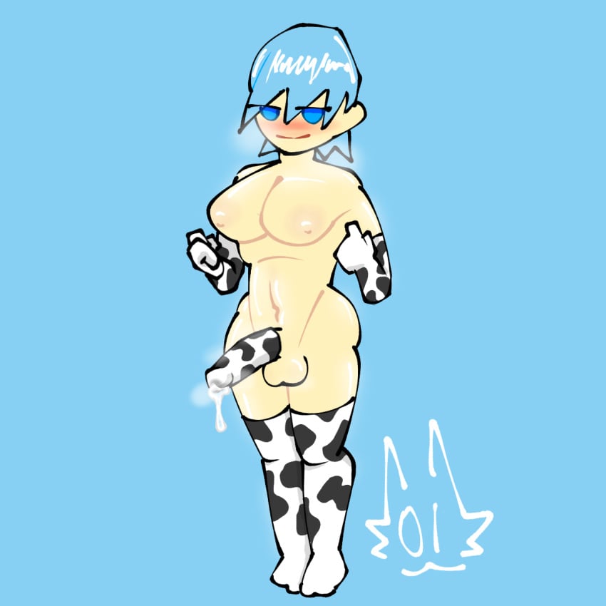 1futa 1futanari 5_sock_outfit blue_eyes blue_hair blush cock_sleeve cock_sock cocksleeve cow_pattern cow_print cow_print_armwear cow_print_legwear cow_print_thighhighs cum cum_drip cum_through cum_through_clothes cum_through_clothing dickgirl futanari gloves half-closed_eyes intersex light-skinned_female light-skinned_futanari light_skin looking_at_viewer musk musk_clouds musky musky_cock oc original_character penis precum precum_drip self_upload short_hair smug solo solo_dickgirl solo_futa solo_futanari stage-01