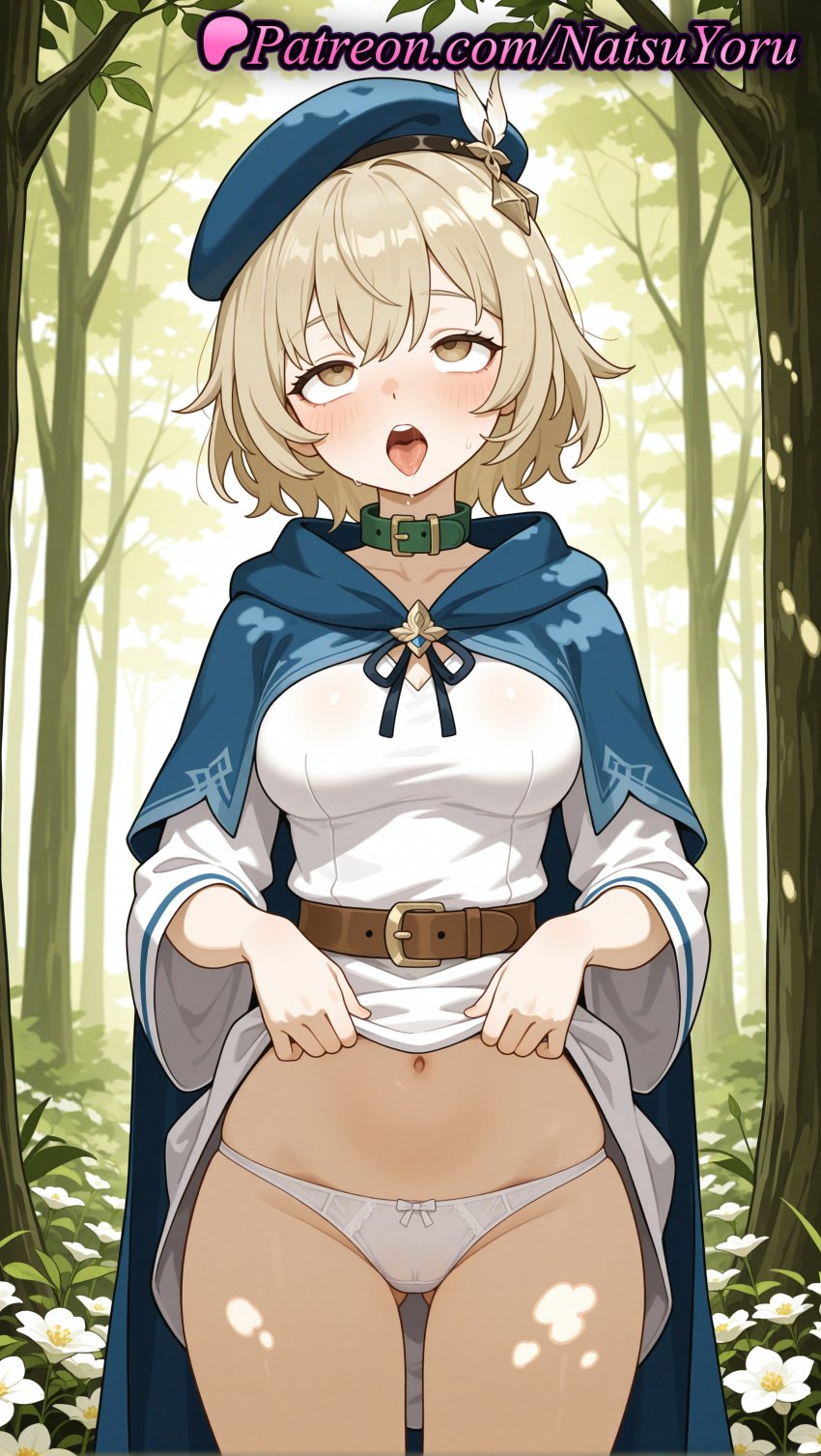 1girls ahe_gao ai_generated anime anime_style ass_visible_through_thighs bangs belt beret blonde_hair blue_cape blue_headwear blush bow bow_panties breasts brown_belt brown_eyes buckle bust busty cameltoe cape cloak clothes_lift clothing collar collarbone cowboy_shot day delicious_in_dungeon dress dress_lift dungeon_meshi falin_touden female female_focus female_only flower forest hair_ornament hat hat_feather hentai hi_res high_quality high_resolution highres hood hood_down hypnosis lifted_by_self lips long_sleeves looking_at_viewer medium_breasts mind_control natsuyoru nature navel open_mouth outdoors panties pantsu patreon rolling_eyes short_hair solo solo_female standing stomach thighs tongue tongue_out tree underwear voluptuous voluptuous_female white_dress white_flower white_panties white_shirt yellow_eyes