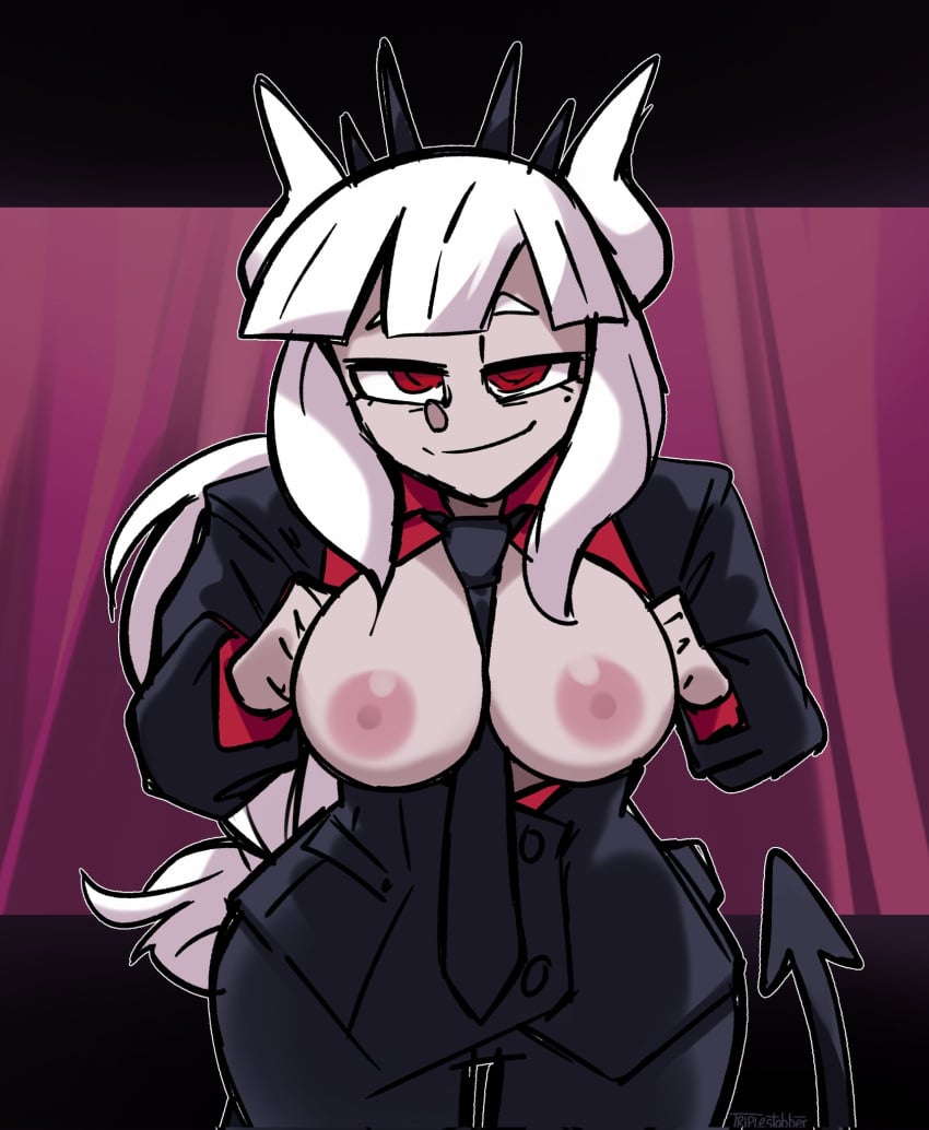 1girls clothed demon demon_girl demon_horns demon_tail flashing flashing_breasts grin helltaker looking_at_viewer lucifer_(helltaker) no_bra partially_clothed red_eyes smirk smirking_at_viewer solo solo_focus triplestabber white_hair