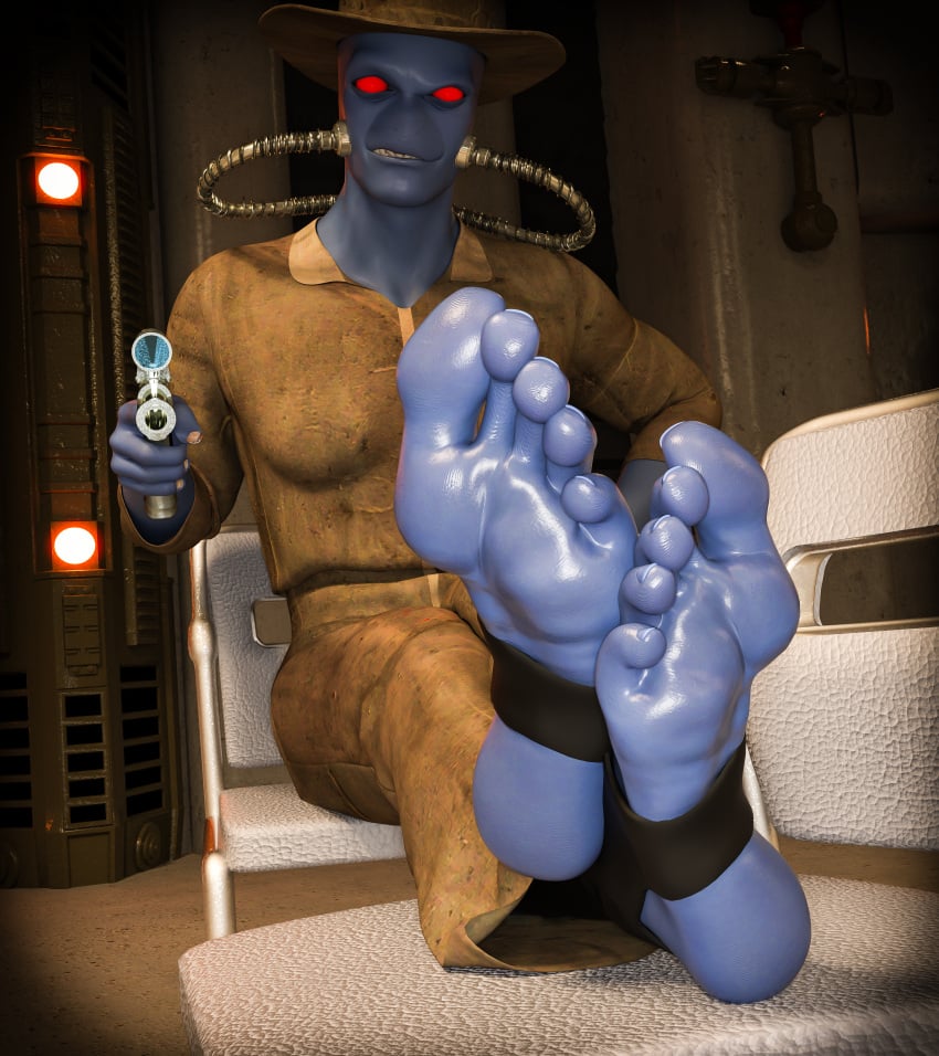 3d 3d_(artwork) blaster blue_body bustin3d cad_bane feet_on_chair feet_up foot_fetish foot_focus highres looking_at_viewer male male_only red_eyes star_wars weapon