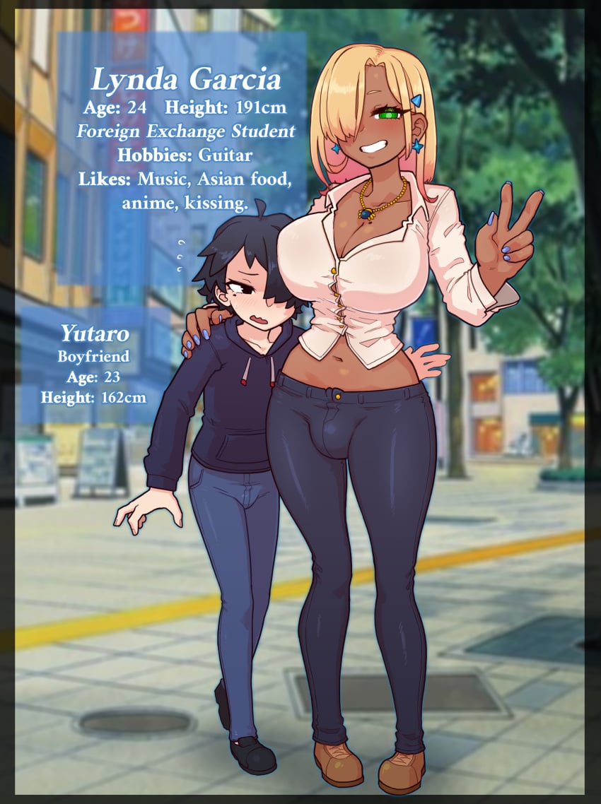 1boy1futa 1futa1boy asian asian_male black_hair blonde_hair blouse blush breasts bulge clothed colored_tips couple couple_(romantic) dark-skinned_futanari dark_skin duo earrings english_text grin gyaru hair_over_one_eye height_difference interracial jeans large_breasts midriff mole mole_on_breast mole_under_eye nail_polish naughty_face navel necklace original pink_hair purple_nails shorter_male taller_futanari thetenk twink two-tone_hair v_sign wholesome