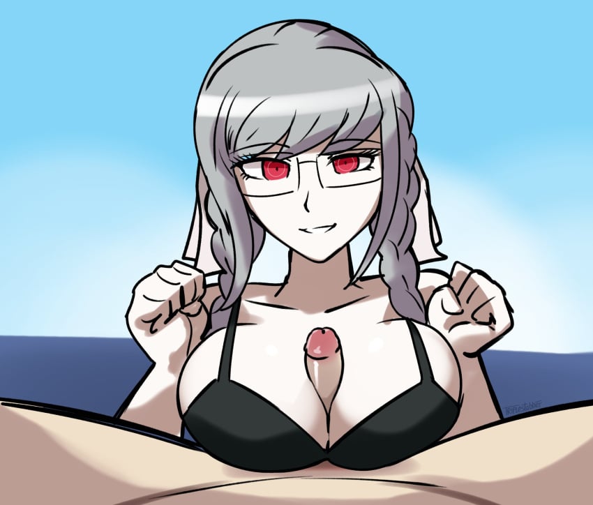 1girls alternate_breast_size average_sized_penis big_breasts bikini bra breasts danganronpa danganronpa_2:_goodbye_despair danganronpa_s:_ultimate_summer_camp female glasses grey_hair hair_ribbon happy happy_paizuri happy_sex large_breasts looking_at_viewer paizuri paizuri_lead_by_female paizuri_on_lap pale_skin pekoyama_peko pov red_eyes ribbon small_penis small_penis_adoration straight swimsuit triplestabber