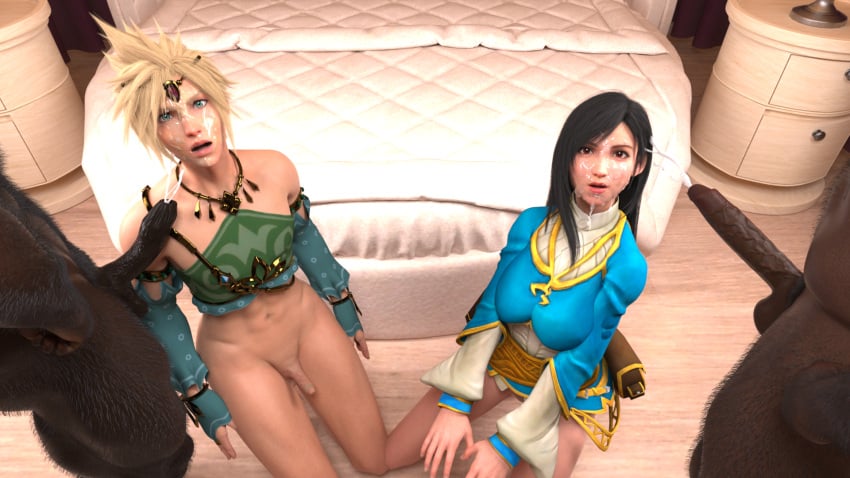 big_breasts bisexual bisexual_male both_sexes_in_same_situation cloud_strife cosplay cum_on_face dark-skinned_male final_fantasy large_penis light-skinned_male link_(cosplay) looking_at_viewer multiple_boys panamsimp small_penis the_legend_of_zelda tifa_lockhart