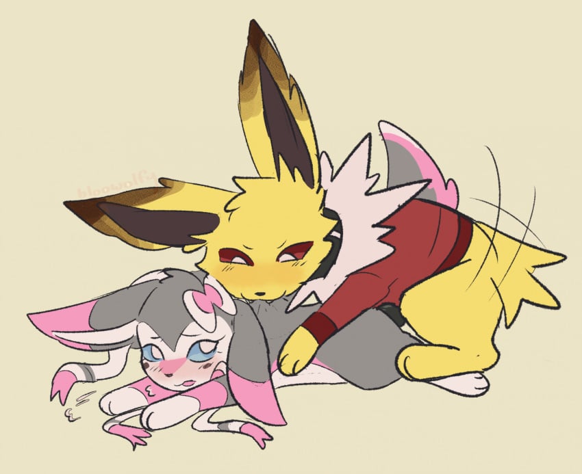 2023 bite bloowolfy blush clothed clothed_feral clothing duo eeveelution female female_penetrated feral feral_on_feral feral_penetrated feral_penetrating feral_penetrating_feral fur generation_1_pokemon generation_6_pokemon grey_body grey_fur hi_res jolteon male male/female male_penetrating male_penetrating_female nintendo penetration pink_body pink_fur pokemon pokemon_(species) scruff_bite sex simple_background smile sylveon white_body white_fur yellow_background yellow_body yellow_fur