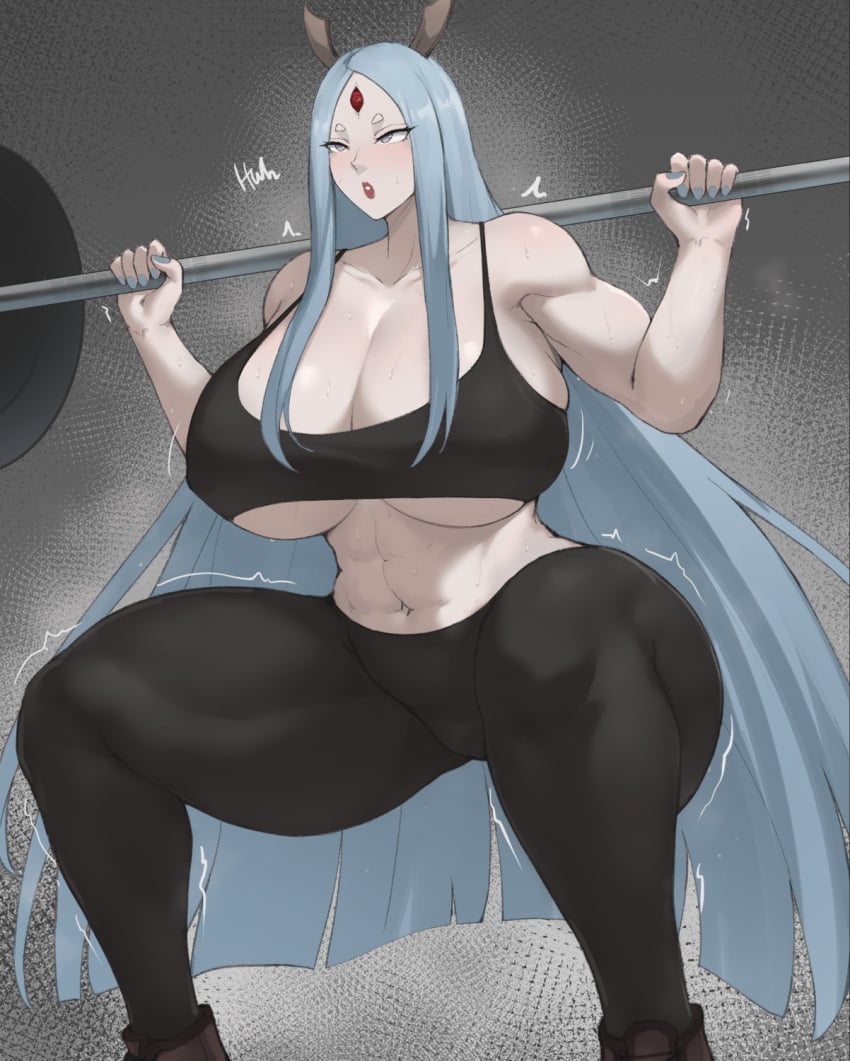 1girls alien_girl barbell batako blush breasts cleavage curvy dumbbell female female_focus gym highres huge_breasts lipstick long_hair makeup milf muscular muscular_female nail_polish naruto naruto_(series) naruto_shippuuden navel otsutsuki_kaguya pale_skin skindentation solo squatting sweat thick_thighs thighs third_eye underboob very_long_hair voluptuous weightlifting white_hair workout workout_clothes