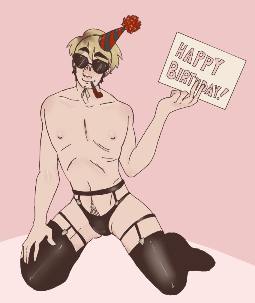 beard_stubble birthday blonde_hair blonde_hair_male color colored crossdressing crossdressing_male dave_strider garter_belt garter_straps glasses happy_birthday happy_trail headgear headwear homestuck male manly_crossdresser panties partially_clothed partially_clothed_male pubic_hair shades short_hair short_hair_male solo_male stockings stubble sunglasses thiccsies thigh_highs thighhighs