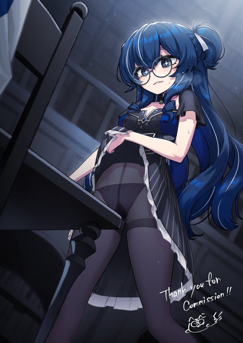 +_+ aallotar_(ac8231) absurdres bell black_dress black_panties black_pantyhose blue_dress blue_eyes blue_hair blush breasts clothes_lift collarbone commentary_request commission crotch_rub desk double_bun dress dress_lift female female_masturbation frilled_dress frills glasses hair_bun heebee highres indoors lifting_own_clothes long_hair masturbation masturbation_through_clothes medium_breasts neck_bell original panties pantyhose parted_lips ribbon round_eyewear second-party_source short_sleeves signature skeb_commission solo sparkling_eyes sweat symbol-shaped_pupils table_humping thank_you two-tone_dress underwear white_ribbon