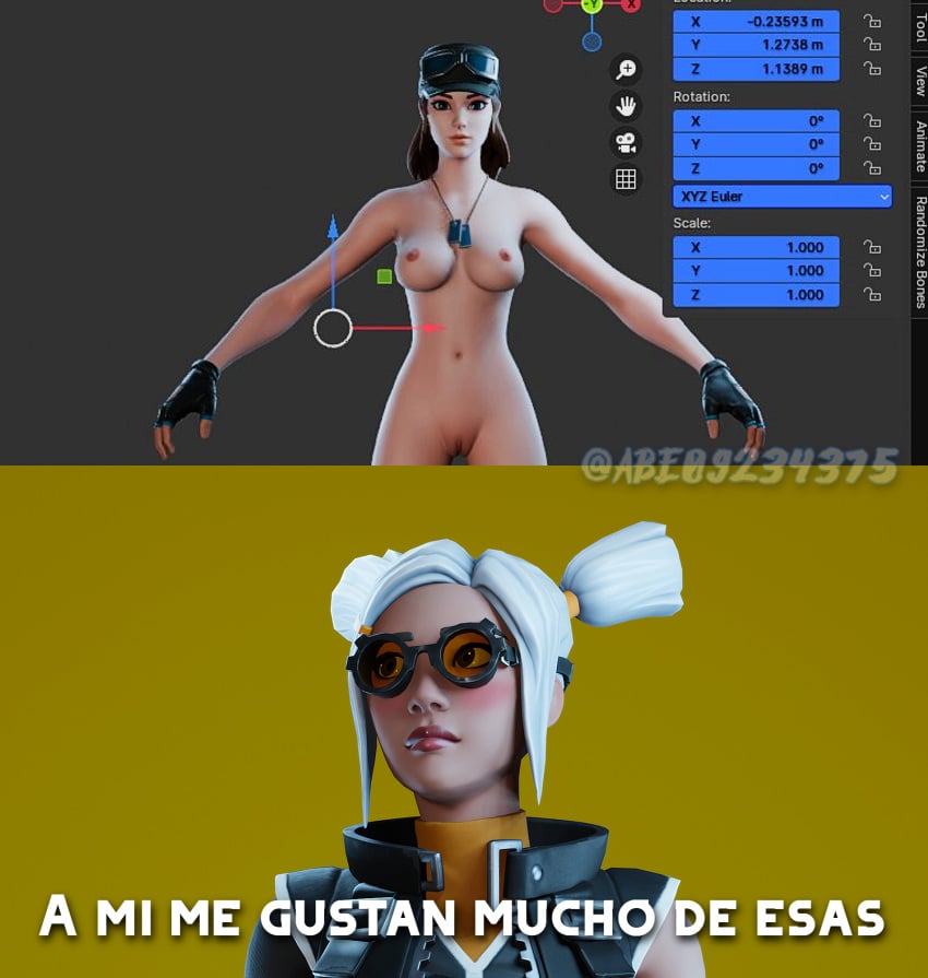 3d 3d_(artwork) blender blue_eyes breasts breasts_out brown_eyes brown_hair cloud_striker_(fortnite) couple dizzie_(fortnite) female female_focus female_only fortnite fortnite:_battle_royale glasses lesbian_couple meme nude nude_female render white_hair white_skin yellow_background yuri