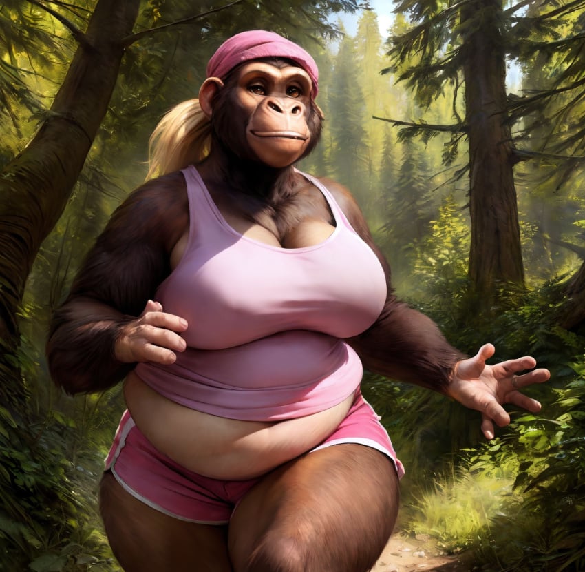 1girls aged_up ai_generated ai_hands anthro anthro_female anthro_only ape belly belly_button belly_overhang big_ass big_belly big_breasts big_ears blonde_hair blue_sky booty_shorts brown_body brown_eyes brown_fur chimpanzee chubby chubby_female cleavage dixie_kong donkey_kong_(series) exposed_belly exposed_belly_button exposed_midriff eye_contact fat fat_female female female female_focus female_only foliage forest forest_background frolicking furry furry_female furry_only grass gym_shorts hat headwear hips jackvinsanity looking_at_viewer mammal midriff muffin_top nature nature_background nintendo nipples_visible_through_clothing obese obese_female outdoors outside overweight overweight_female photorealistic pink_clothing pink_hat pink_shorts pink_tank_top plant plants plump ponytail primate primate_humanoid running running_towards_viewer short_shorts shorts sky smile smiling solo_female solo_focus stable_diffusion tank_top thick_thighs thighs tree trees wide_hips