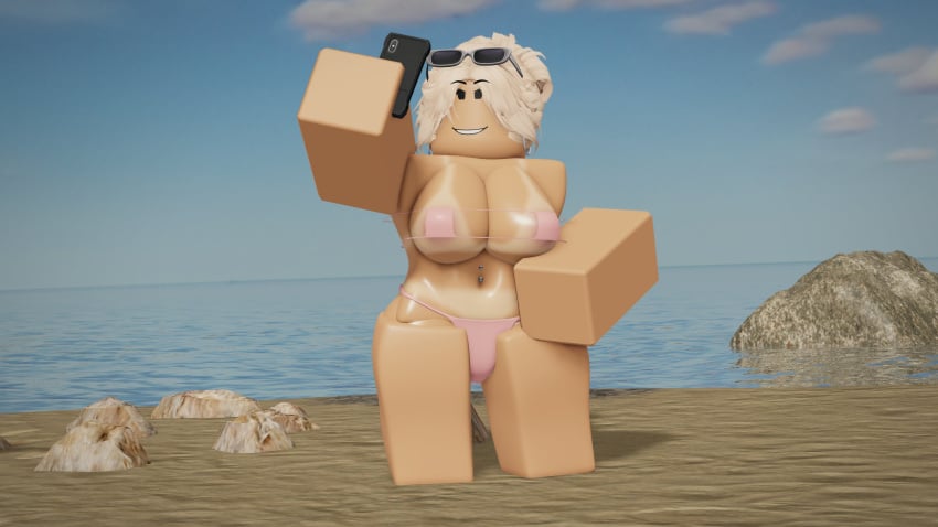 1girls 2024 3d beach belly_button big_breasts bikini bikini_bottom bikini_top blonde_hair breasts cleavage cloud clouds day female female_only hair_bun holding_object holding_phone ocean outdoors phone pierced_belly_button piercing piercings pink_bikini pink_bikini_bottom pink_bikini_top roblox robloxian rocks sand smile solo square_bikini standing stomach sunglasses sunglasses_on_head taking_selfie tan-skinned_female tan_lines tan_skin thighs vinarr34 water