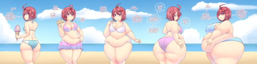 bbw bikini dialogue fat fat_ass fat_female fat_fetish fat_rolls holding_belly love_handles morbidly_obese morbidly_obese_female muffin_top obese overweight overweight_female pixiveo sequence text weight_gain