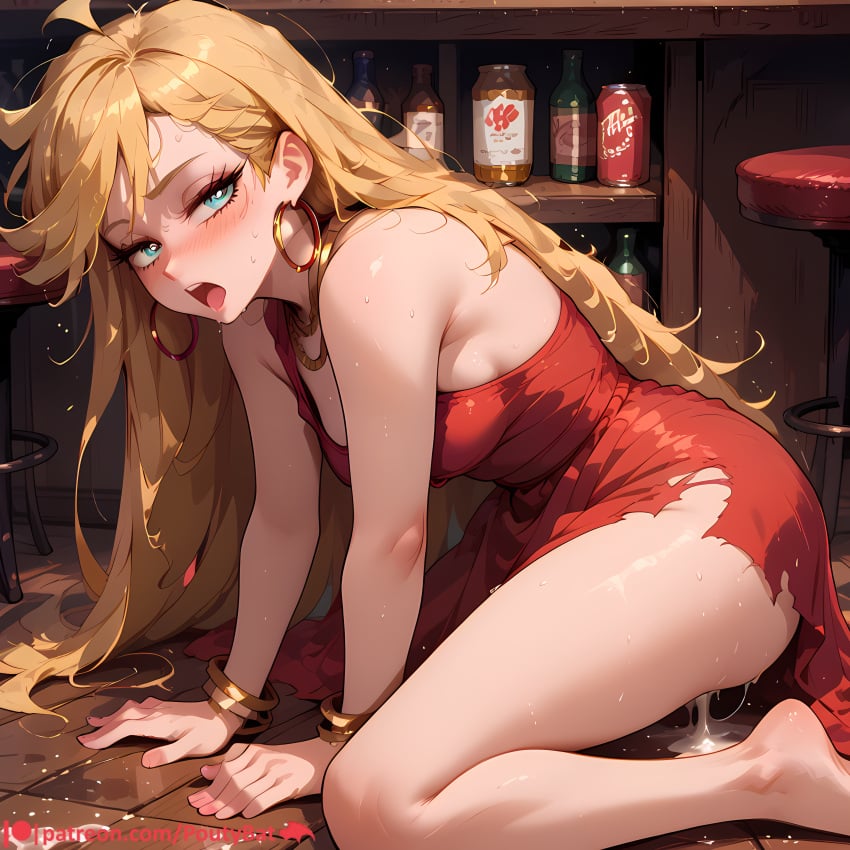 ai_generated alcohol bar_(place) blonde_female blonde_hair blonde_hair blonde_hair_female blue_eyes bracelet cum cum_drip cum_dripping cum_dripping_out_of_pussy female gold_earrings gold_jewelry jewelry long_hair necklace panting panty_&_stocking_with_garterbelt panty_anarchy poutybat red_clothing red_dress sweat torn_clothes white_skin white_skinned_female