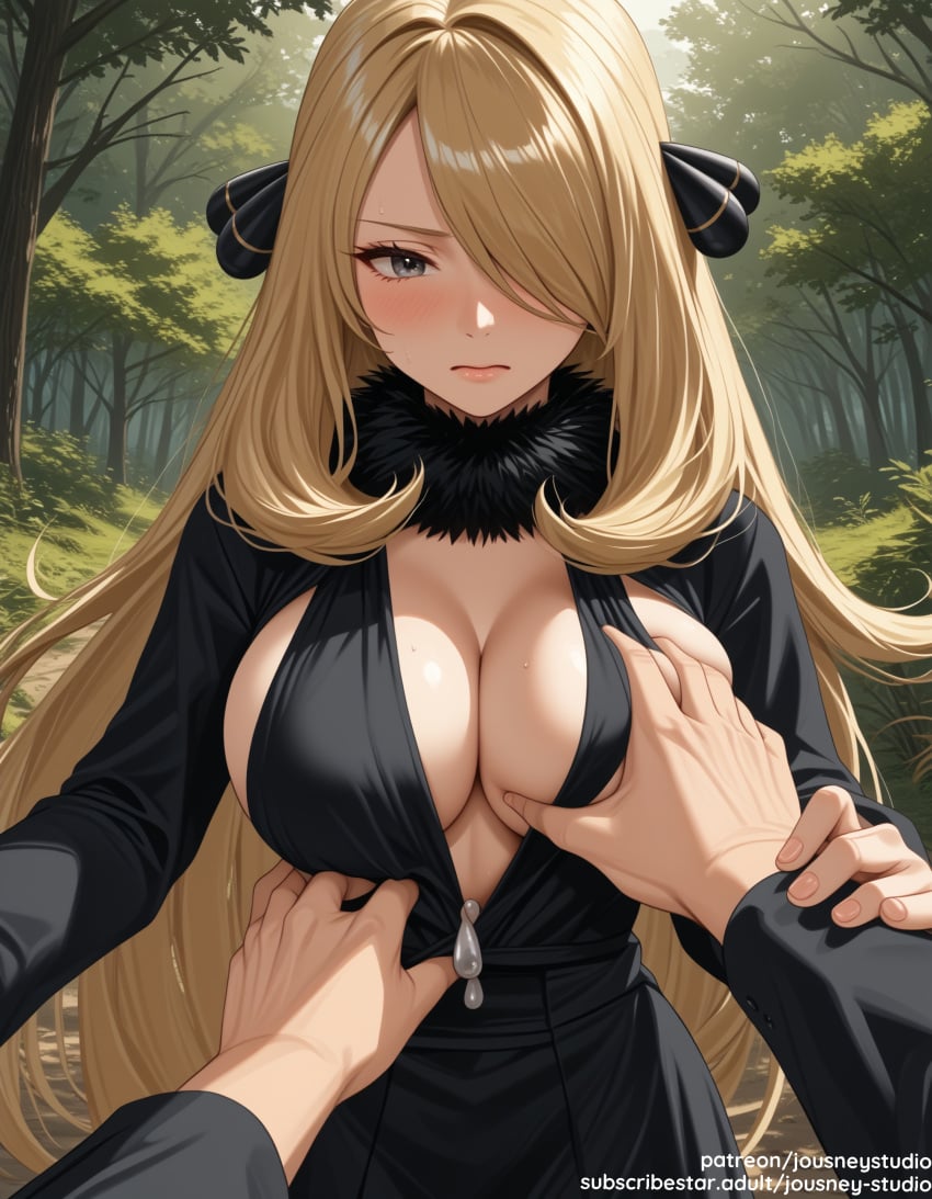 1boy ai_generated arm_grab bangs black_coat black_dress blonde_hair blush breast_grab breasts center_opening cleavage closed_mouth clothing coat cynthia_(pokemon) day dress female female forest fur-trimmed_coat fur_collar fur_trim grabbing grey_eyes groping hair_ornament hair_over_one_eye huge_breasts jousneystudio large_breasts long_hair long_sleeves looking_at_viewer male nature nintendo no_bra outdoors parted_lips patreon_username pokemon pokemon_(game) pokemon_character pokemon_diamond_pearl_&amp;_platinum pokemon_dppt pov pov_hands smile solo_focus straight sweat tree upper_body very_long_hair watermark web_address