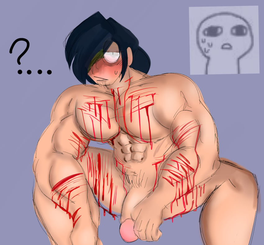 absurd_res alternate_version_available bad_anatomy blood blush blushing_at_viewer brawl_stars highres kenji_(brawl_stars) muscular_male naked nude self_harm self_harm_fetish self_harm_scars self_upload sillywillydillydally supercell