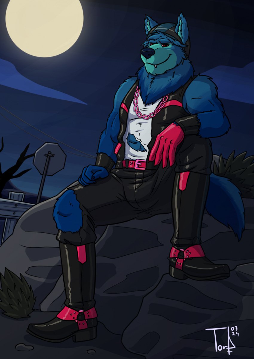 anthro biker blue_body blue_fur boots born_to_be_wild_wolf bulge canid canine clothing fangs footwear full_moon fur gloves handwear hat headgear headwear hi_res just_dance just_dance_2 leather leather_boots leather_clothing leather_daddy leather_footwear lycan_(just_dance) male mammal moon mythological_canine mythological_creature mythology night red_eyes shoes sitting smile solo teeth torn_clothing torrosketch ubisoft werecanid werecanine werecreature werewolf yaoi