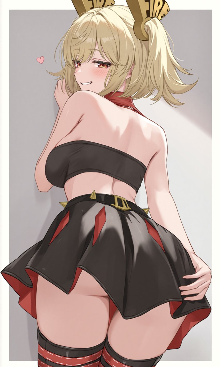 1girls ass back back_view backsack blonde_hair blush bra breasts burnice_white female female_only from_behind heart hi_res large_breasts light-skinned_female light_skin looking_at_viewer pigtails red_eyes skirt smile smiling_at_viewer thighhighs twintails upskirt zenless_zone_zero