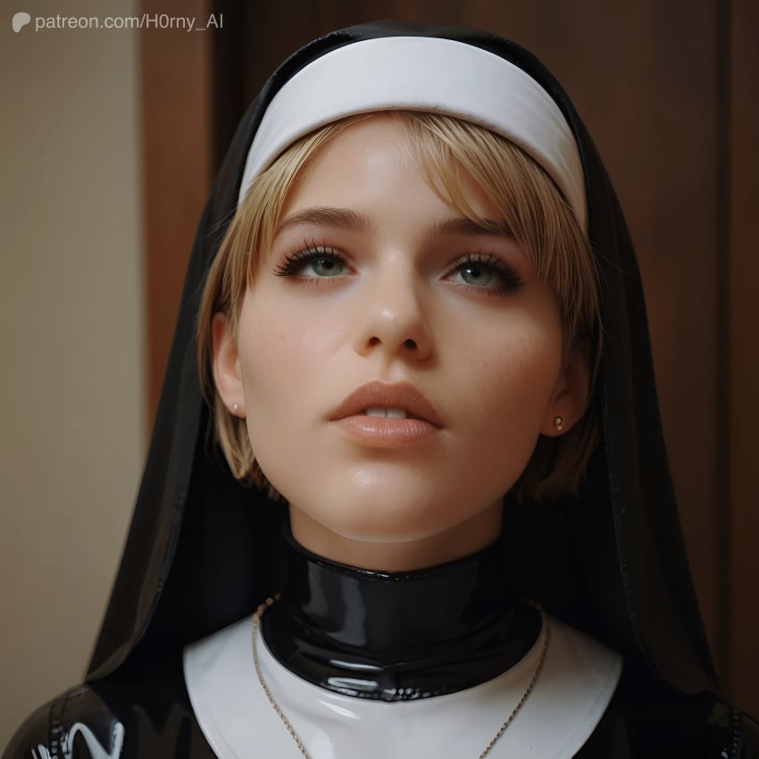 1:1 1girls ai_generated ashley_graham blue_eyes church earrings female green_eyes grey_eyes igor0914 latex latex_clothing latex_suit lips nun nun_hat nun_outfit patreon_username praying resident_evil resident_evil_4 resident_evil_4_remake solo solo_female solo_focus tagme