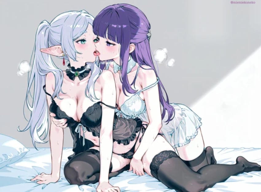 2girls ai_generated blush cleavage elf fern_(sousou_no_frieren) french_kiss frieren frieren_beyond_journey's_end green_eyes human kissing large_breasts lingerie lying_on_bed midriff open_mouth purple_eyes purple_hair sousou_no_frieren student sweat teacher teacher_and_student thighhighs white_hair yuri