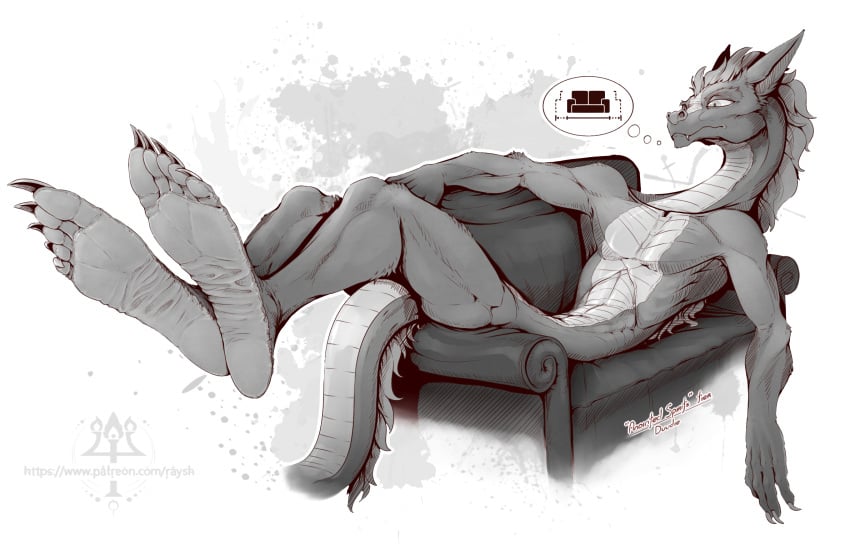 anthro big_feet claws closed_eyes couch dragon feet feet_fetish gigren_(artist) laying laying_back laying_down laying_on_couch legs long_feet long_soles male male_only no_background soles solo solo_male toes toned toned_body toned_male toned_stomach