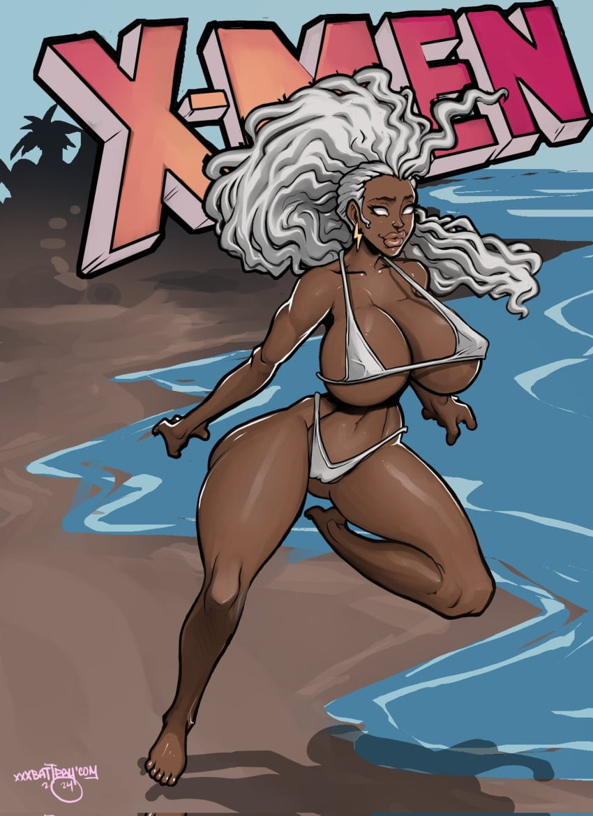 1girls african african_female beach big_breasts bikini breasts dark-skinned_female dark_skin female huge_breasts marvel solo storm_(x-men) white_hair x-men xxxbattery