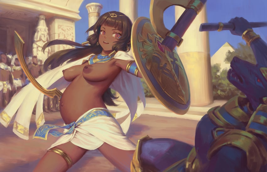 armlet big_belly bigrbear breasts dark-skinned_female dark_skin female highres holding holding_shield holding_sword holding_weapon jewelry medium_breasts nipples original outdoors pregnant shield sword uncensored usekh_collar weapon