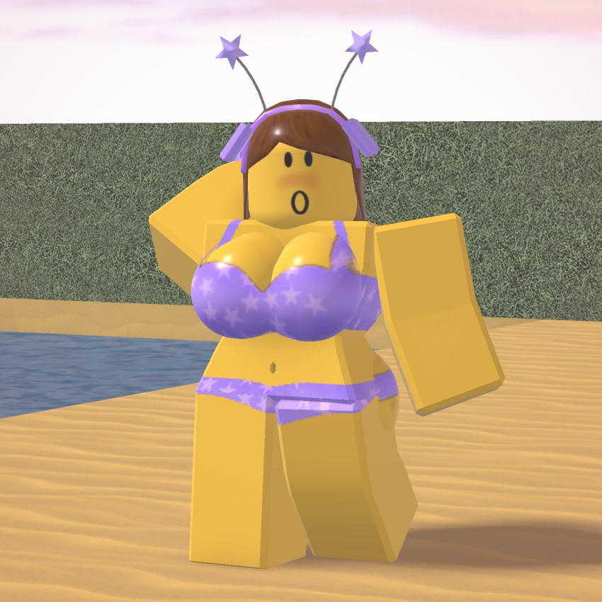 1girls 3d beach blocky_body bloxzrd blush brown_hair female female purple_bikini purple_ribbons roblox roblox_avatar robloxian solo_female solo_focus tagme yellow_body yellow_skin