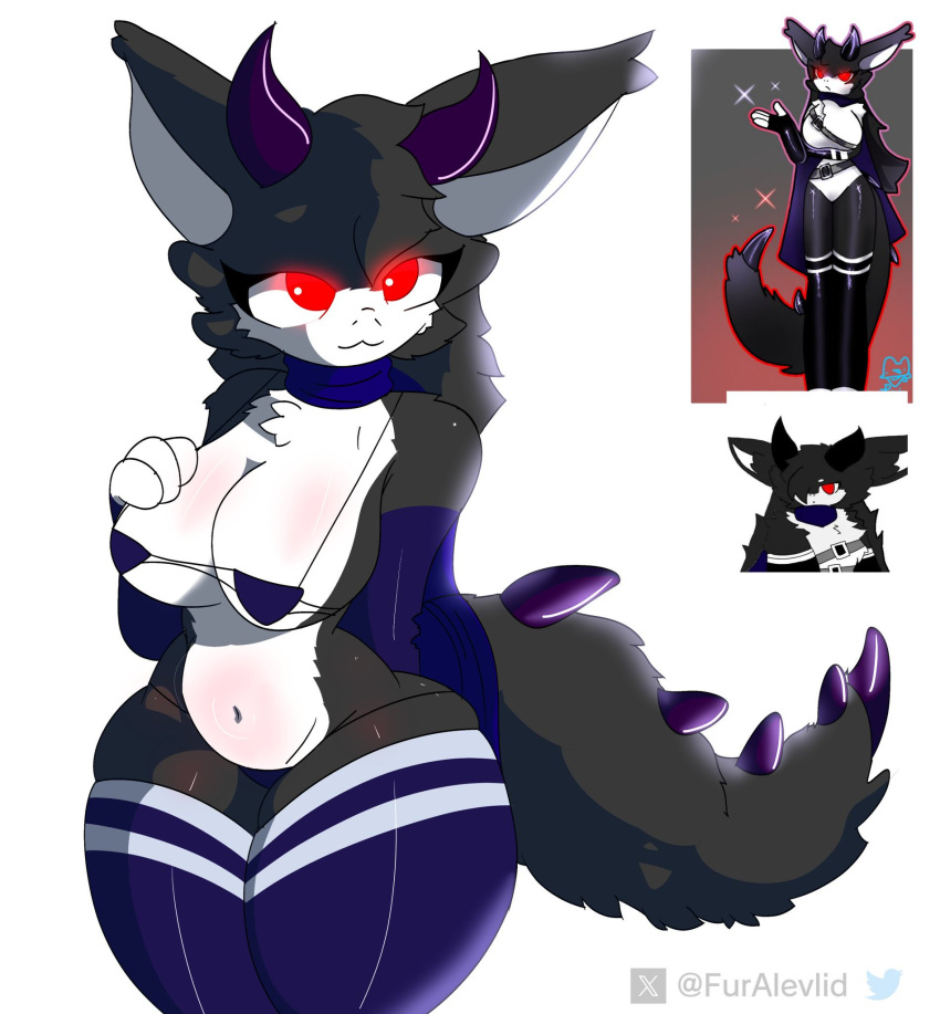 black_fur black_tail purple_gloves purple_spines purple_thigh_socks red_pupils white_eyes white_fur