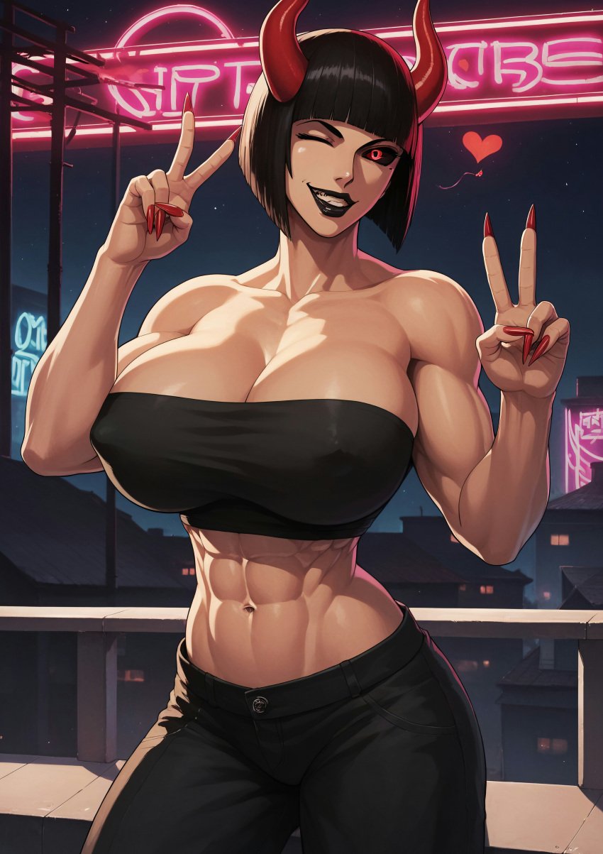 1girls abs absurd_res absurd_resolution absurdres ai_generated balcony bangs belly_button big_breasts black_clothing black_hair black_lips black_lipstick black_sclera bob_cut bottomwear breasts breasts_bigger_than_head buff buff_female clothed clothed_female clothing dark_hair demon demon_girl demon_horns female female_focus female_only fit fit_female front_view hair heart heart_symbol hi_res high_resolution highres horned_humanoid horns horns_girl humanoid jeans large_breasts lights lips lipstick long_fingernails long_nails looking_at_viewer muscular muscular_female neon_lights night night_sky nighttime nipple_bulge non-human pants peace_sign posing posing_for_the_viewer red_eyes sharp_fingernails sharp_nails shirt short_hair slim_waist smile smiling smiling_at_viewer solo solo_female solo_focus succubus succubus_horns teeth teeth_showing thee_voiid topwear tube_top tubetop wink winking winking_at_viewer