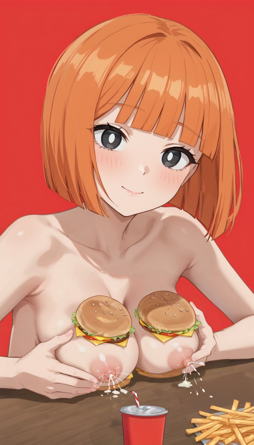 1girls ai_generated areolae breasts burger female female_only food food_play hamburger lactating lactation lemonjing looking_at_viewer mature mature_female mature_woman mcdonald's milf mom_(japanese_mcdonald's_commercial) nipples orange_hair solo solo_female