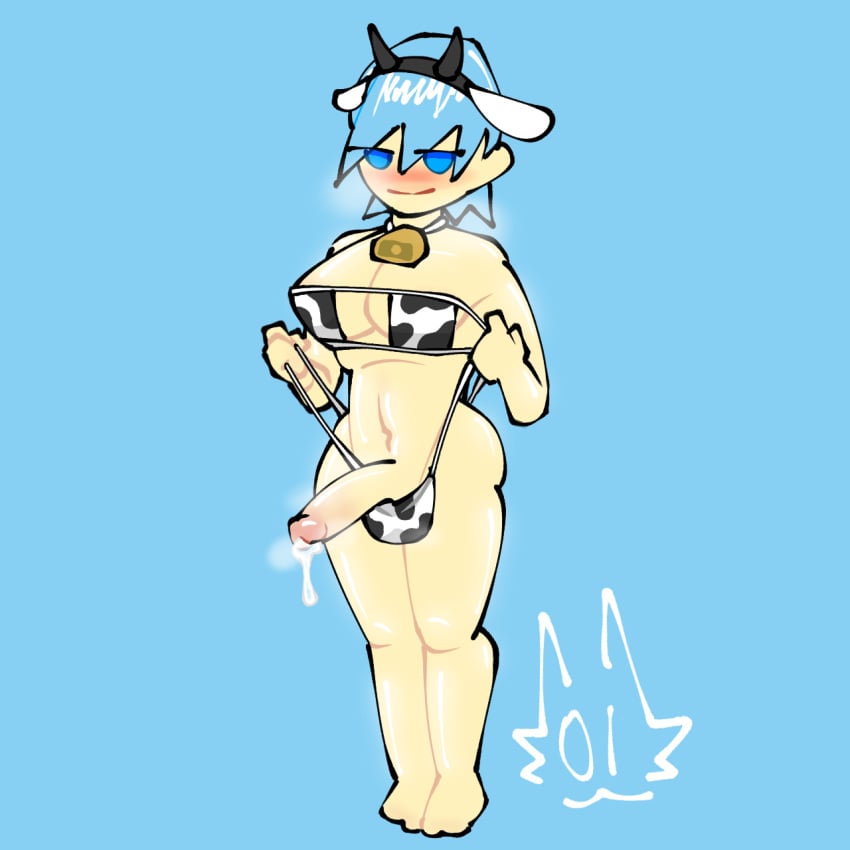 1futa 1futanari blue_eyes blue_hair blush cow_bell cow_ears cow_ears_headband cow_headband cow_horns cow_horns_headband cow_pattern cow_print cow_print_bikini cum cum_drip dickgirl futanari half-closed_eyes headband intersex light-skinned_female light-skinned_futanari light_skin looking_at_viewer musk musk_clouds musky musky_cock oc original_character penis precum precum_drip self_upload short_hair smug solo solo_dickgirl solo_futa solo_futanari stage-01