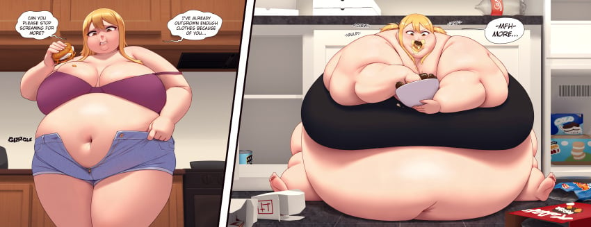 bbw before_and_after belly belly_button belly_expansion belly_gurgle belly_overhang better_with_salt blonde_female blonde_hair burp burping cant_move cant_stop_eating cant_stop_growing chewing chubby chubby_face chubby_female clothes_removed eating eating_food empty_bottle fairy_tail fat food_on_body food_on_breasts food_on_face food_on_hand fridge_raided gaining_weight gurgle huge_ass huge_belly huge_belly_button huge_breasts huge_butt huge_thighs immobile immobilization lost_fight lucy_heartfilia massive_ass massive_belly massive_breasts massive_thighs messy messy_eater messy_eating morbidly_obese morbidly_obese_female obese obese_female obesity overeating overweight_female sitting_on_floor slob stuffed talking_to_self text text_bubble too_big_to_move weight_conscious weight_gain