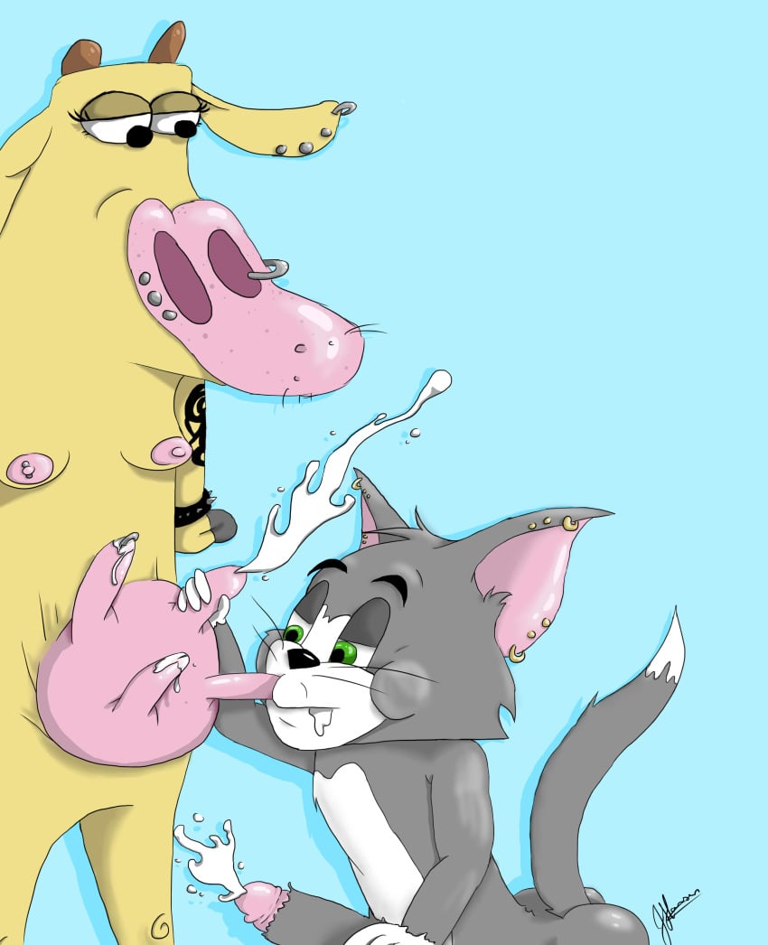 2012 black_eyes breasts cartoon_network cat closed_mouth color cow cow_(character) cow_and_chicken crossover cum female green_eyes hanna-barbera horns interspecies male male/female milk open_eyes piercing smooth_fur sucking tom_and_jerry tom_cat warner_brothers