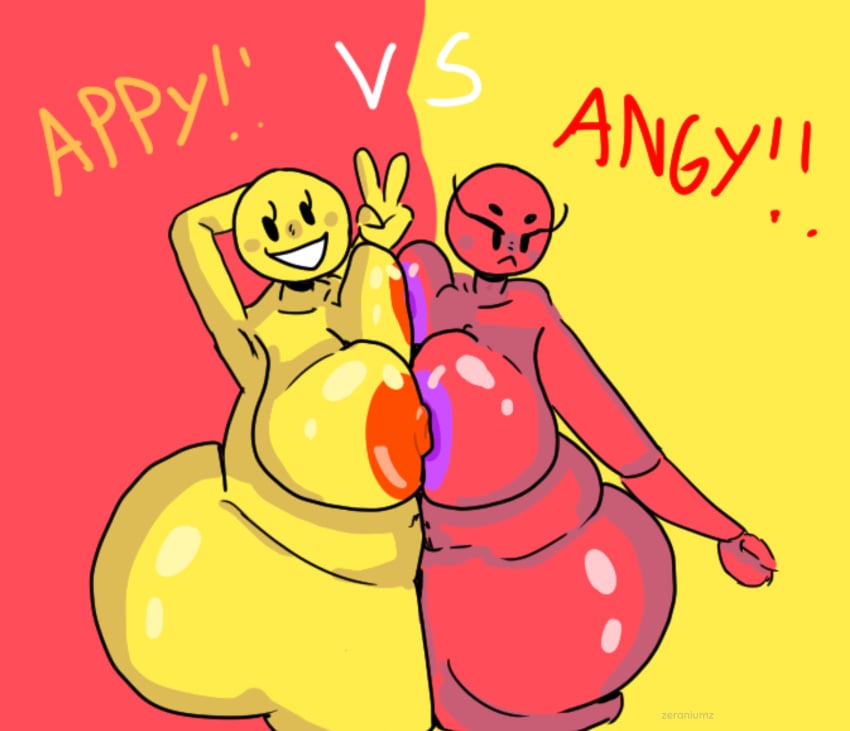 2girls angry_emoji angry_face anthrofied breasts_squeezed_together colorful emoji emoji_(race) happy happy_emoji huge_ass huge_breasts looking_at_viewer tagme text what zeraniumz